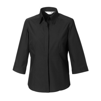 Russell Collection Ladies' 3/4 Sleeve Polycotton Easy Care Fitted Poplin Shirt Black