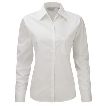 Russell Collection Ladies' Long Sleeve Pure Cotton Easy Care Poplin Shirt White