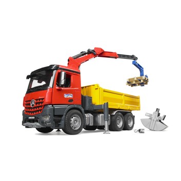 Bruder MB Arocs Construction Truck with Crane, Clamshell Buckets and 2 Pallets 1:16