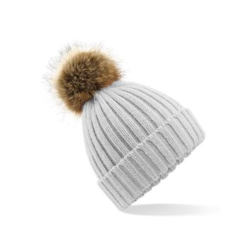 Beechfield  Faux Fur Pom Pom Chunky Beanie Light Grey