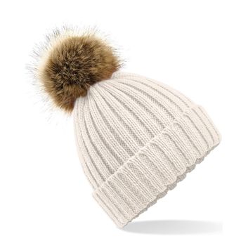 Beechfield  Faux Fur Pom Pom Chunky Beanie Oatmeal