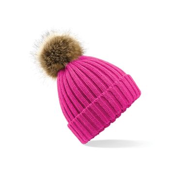 Beechfield  Faux Fur Pom Pom Chunky Beanie Fuchsia
