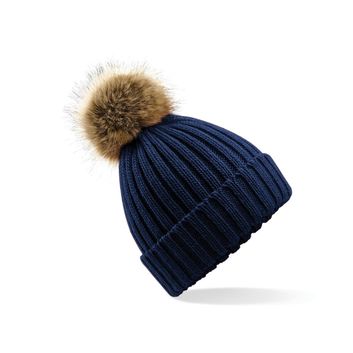 Beechfield  Faux Fur Pom Pom Chunky Beanie Navy Blue