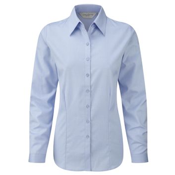 Russell Collection Ladies' Long Sleeve Herringbone Shirt Light Blue