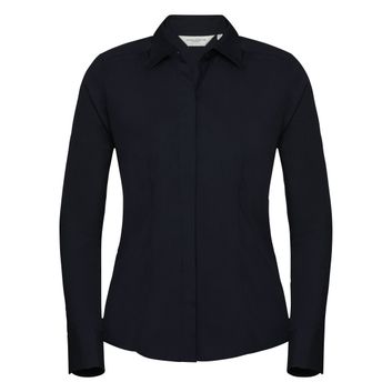 Russell Collection Ladies' Long Sleeve Polycotton Easy Care Fitted Poplin Shirt French Navy
