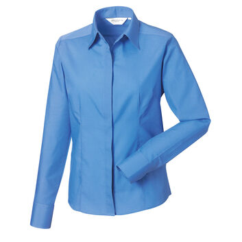 Russell Collection Ladies' Long Sleeve Polycotton Easy Care Fitted Poplin Shirt Corporate Blue