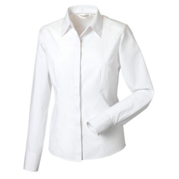 Russell Collection Ladies' Long Sleeve Polycotton Easy Care Fitted Poplin Shirt White