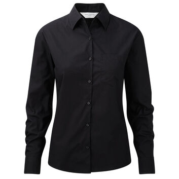 Russell Collection Ladies' Long Sleeve Pure Cotton Easy Care Poplin Shirt Black