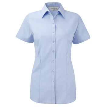 Russell Collection Ladies' Short Sleeve Herringbone Shirt Light Blue