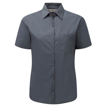 Russell Collection Ladies' Short Sleeve Polycotton Easy Care Poplin Shirt Convoy Grey