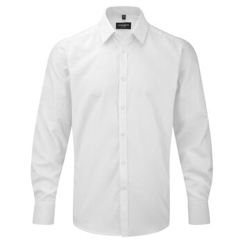 Russell Collection Men's Long Sleeve Herringbone Shirt White