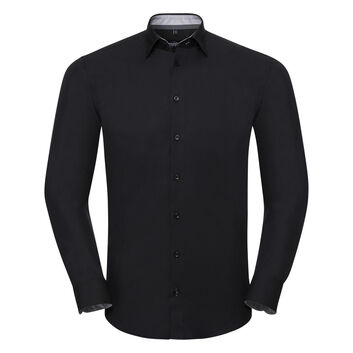 Russell Collection Men's Long Sleeve Tailored Contrast Ultimate Stretch Shirt  Black/Oxford Grey/Convoy Grey