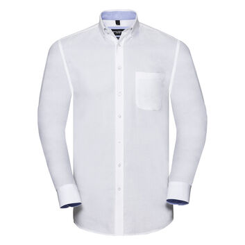 Russell Collection Men's Long Sleeve Tailored Washed Oxford Shirt White/Oxford Blue