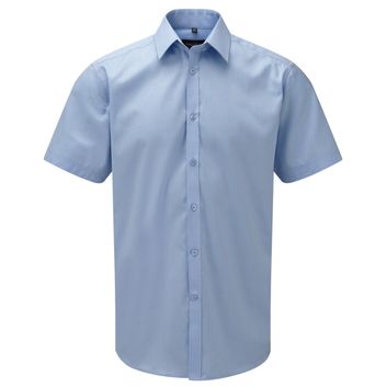 Russell Collection Men's Short Sleeve Herringbone Shirt Light Blue