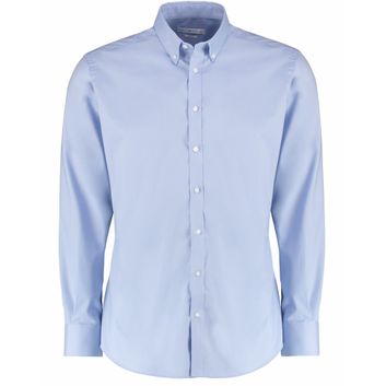 Kustom Kit Slim Fit Long Sleeve Stretch Oxford Shirt Light Blue