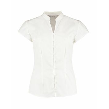 Kustom Kit Tailored Fit Cap Sleeve Mandarin Collar Blouse White
