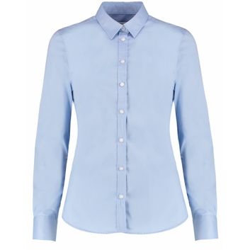 Kustom Kit Tailored Fit Long Sleeve Stretch Oxford Shirt Light Blue
