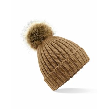 Beechfield  Faux Fur Pom Pom Chunky Beanie Biscuit