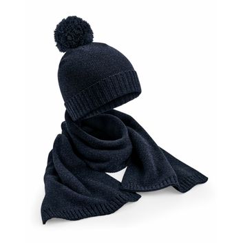 Beechfield Knitted Scarf &amp; Beanie Gift Set Navy Fleck