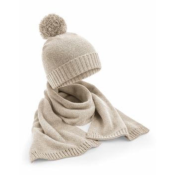 Beechfield Knitted Scarf &amp; Beanie Gift Set Oatmeal Fleck