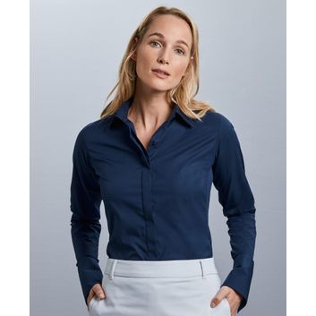 Russell Collection Fitted Ultimate Stretch Long Sleeve Shirt Ladies - White