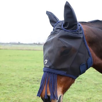Hy Equestrian Mesh Half Mask with Ears and Fringe - Black/Navy alternative