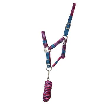 Hy Equestrian Multicolour Adjustable Head Collar with Rope - Petrol/Pink/Magenta