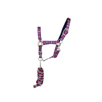 Hy Equestrian Tartan Head Collar with Lead Rope - Raspberry/White/Navy alternative