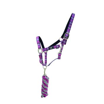 Hy Equestrian Tartan Head Collar with Lead Rope - Raspberry/White/Navy