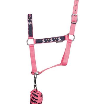 Hy Equestrian Unicorn Magic Head Collar and Lead Rope Set - Navy/Pink alternative