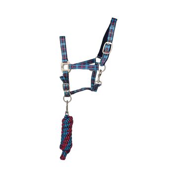 Hy Equestrian Tartan Head Collar with Lead Rope - Pink/Navy/Kingfisher Blue