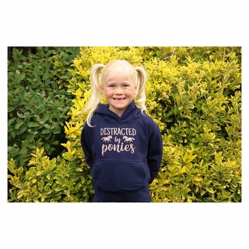 British Country Collection Distracted by Ponies Glitter Hoodie - Navy/Rose Gold