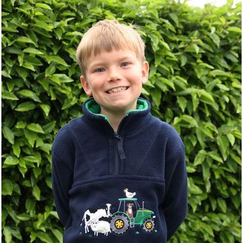 British Country Collection Farmyard Childrens Fleece Jacket - Navy/Green Trim