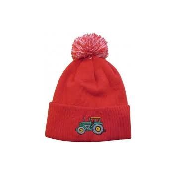 British Country Collection Green Tractor Pom Pom Beanie Hat - Red