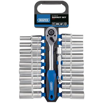 Draper 16377 1/2" Sq. Dr. Combined MM/AF Deep Socket and Ratchet Set (20 Piece)