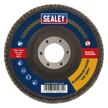 Sealey FD115120E Flap Disc Aluminium Oxide Ø115mm Ø22mm Bore 120Grit alternative