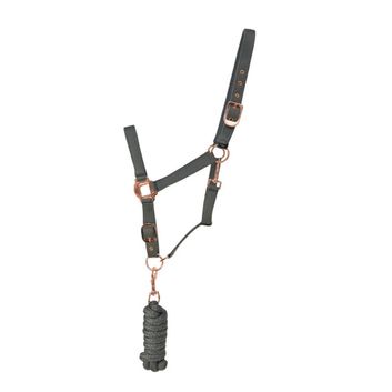 Hy Equestrian Rose Gold Headcollar &amp; Lead Rope Gry/Rose Gold Grey/Rose Gold