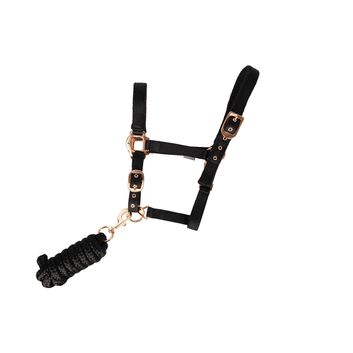Hy Equestrian Head Collar &amp; Lead Rope Black/Rose Gold alternative