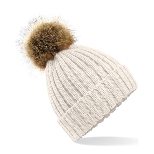 Beechfield  Faux Fur Pom Pom Chunky Beanie Oatmeal