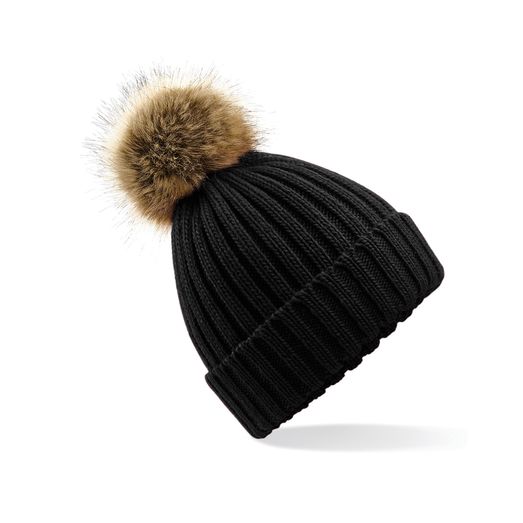 Beechfield  Faux Fur Pom Pom Chunky Beanie Black