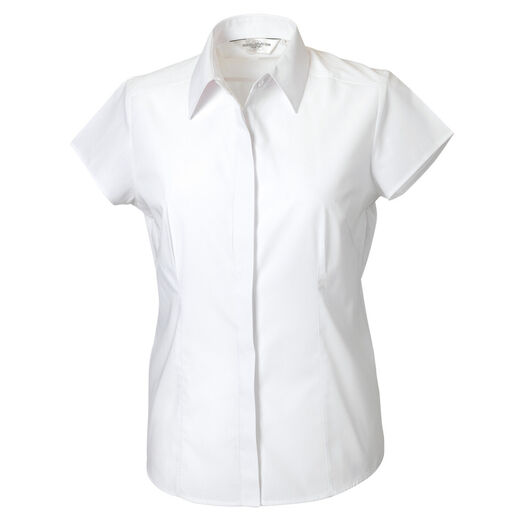 Russell Collection Ladies' Cap Sleeve Polycotton Easy Care Fitted Poplin Shirt White
