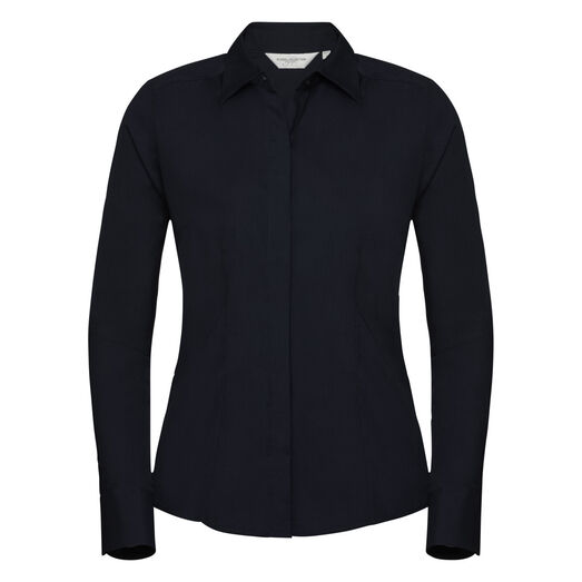 Russell Collection Ladies' Long Sleeve Polycotton Easy Care Fitted Poplin Shirt French Navy