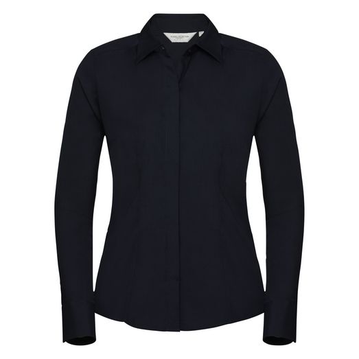 Russell Collection Ladies' Long Sleeve Polycotton Easy Care Fitted Poplin Shirt French Navy