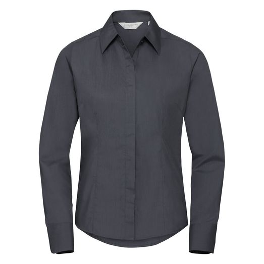 Russell Collection Ladies' Long Sleeve Polycotton Easy Care Fitted Poplin Shirt Convoy Grey