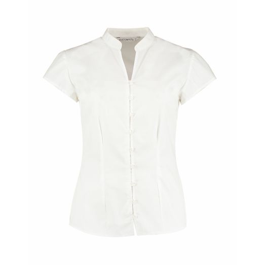 Kustom Kit Tailored Fit Cap Sleeve Mandarin Collar Blouse White
