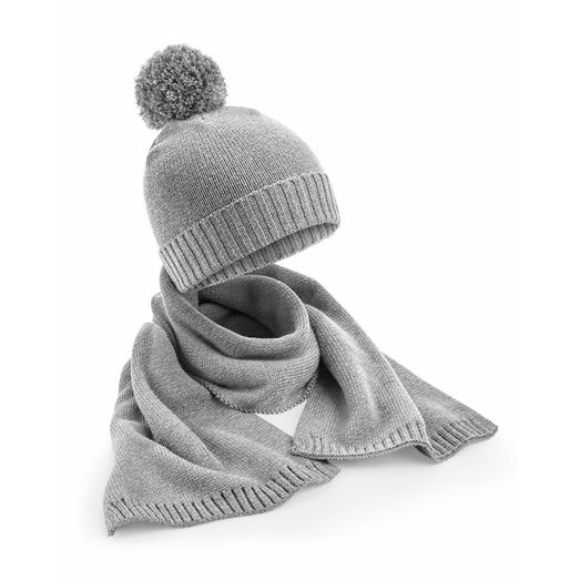 Beechfield Knitted Scarf &amp; Beanie Gift Set Light Grey Fleck