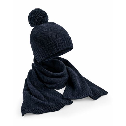 Beechfield Knitted Scarf &amp; Beanie Gift Set Navy Fleck