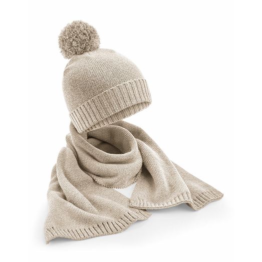 Beechfield Knitted Scarf &amp; Beanie Gift Set Oatmeal Fleck
