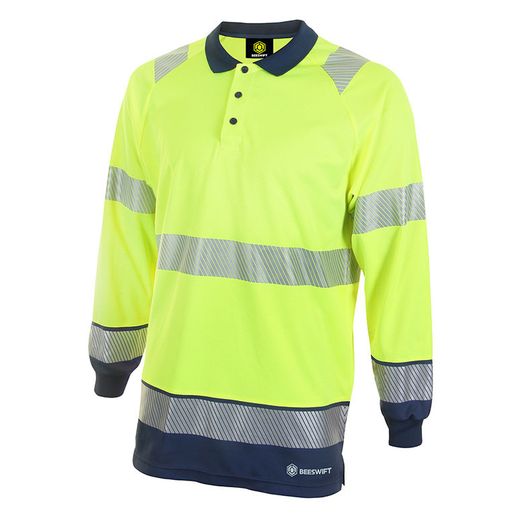 Beeswift Deltic Hi-Vis Two Tone Long Sleeve Polo Shirt Saturn Yellow / Navy