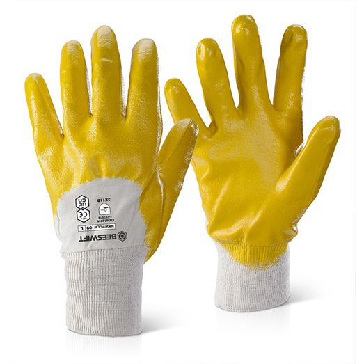 Beeswift Nitrile Knitted Wrist Palm Coated Light Weight Gloves Yellow (10 Pack)